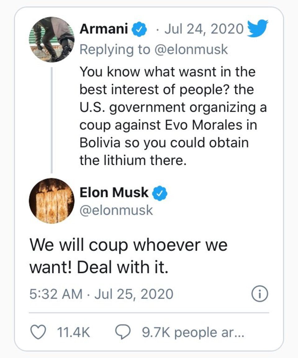 Elon Musk revendiquant le coup d'Etat en Bolivie