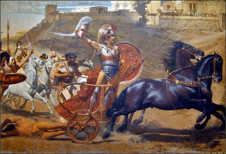 Triomphe d'Achille devant Troie après le meurtre d'Hector qu'il traine à l'arrière de son char